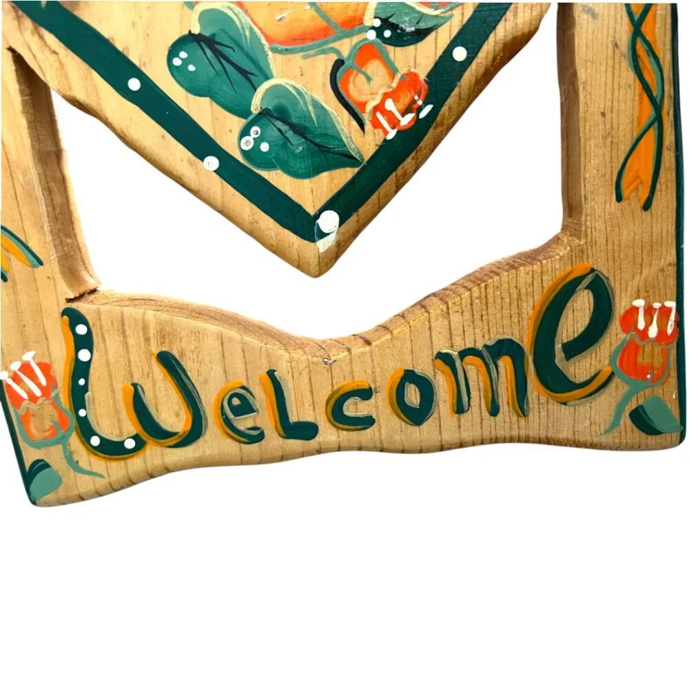 Vintage Folk Art Welcome Sign | Hand Painted Pumpkin Wall Decor with Hanger - Picture 5 of 10